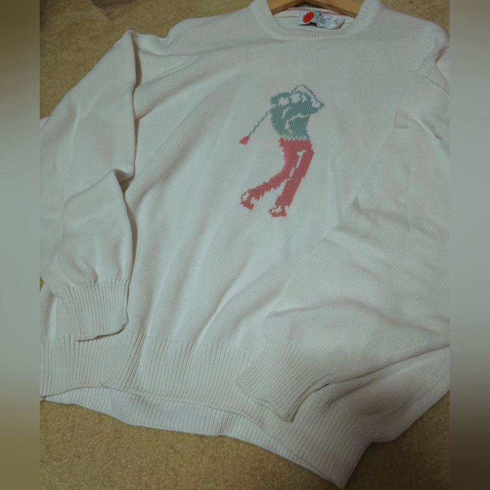 ⚡️Vintage SANSABELT GOLF White Knit Sweater - Retro Golfer Graphic XL